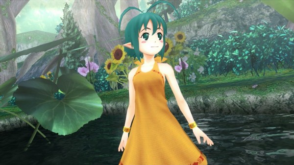 Fairy Freesia with her green hair and yellow dress, int he middle of the Lita Forest.