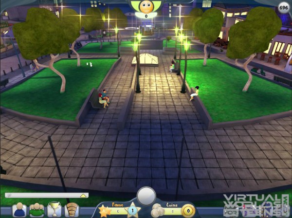 Set in Playtown's park with a few people walking and hanging out in the park.