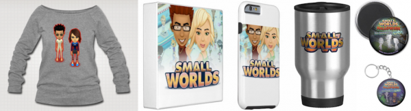 A sweater, ring binder, cellphone case, mug, magnet, and keychain with SmallWorlds print.