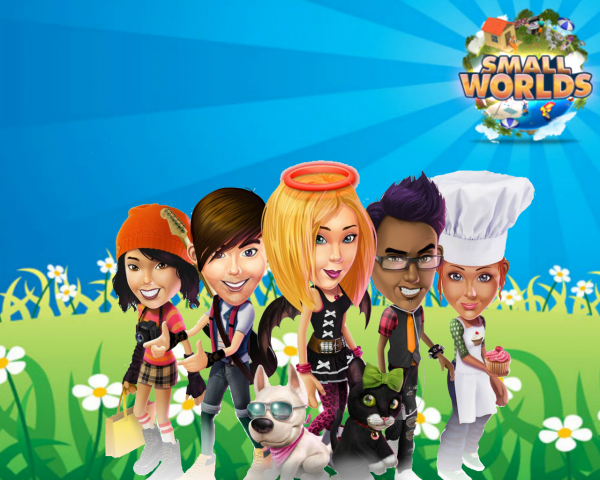SmallWorlds characters in a field of grass and flowers.