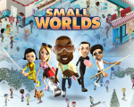 SmallWorlds characters with a background of SmallWorld's ice cream parlor and snow-covered Town Center.