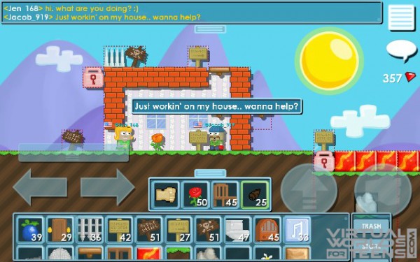 In this image you will see 2 Growtopia players chatting in front of a house and there are various items of the house shown below.