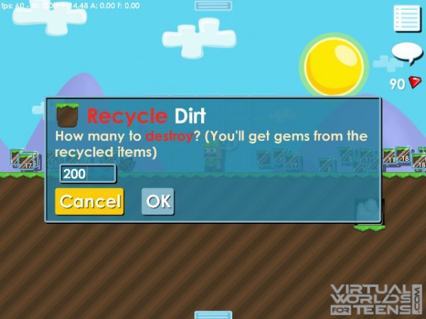 Popup image of recycled dirt and the number of gems earned.
