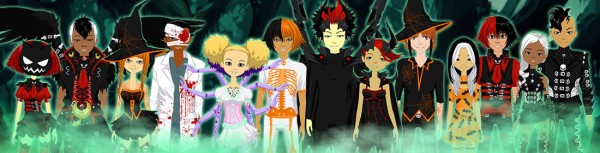 Our World game characters in their Halloween costumes