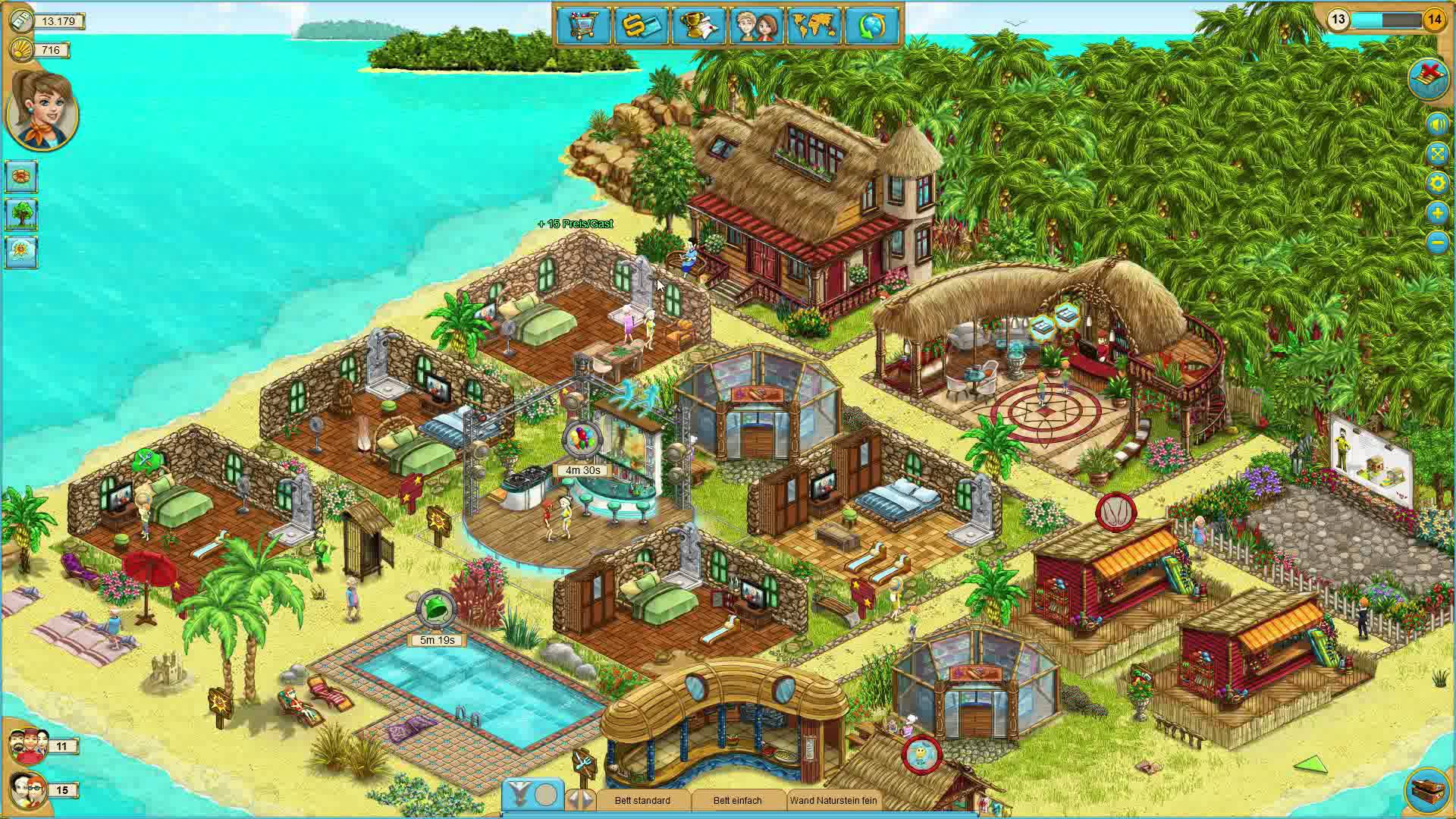 Beach resort in an island with swimming pool, cottages, hotels and other buildings.